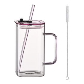 1 Pcs Pink Glass Straw Cup, 4 Colors Square Glass Cup With Straw And Lid, High Borosilicate Glass Cup, Milk Cup, Juice Cup, Cold Drink Cup, Coffe (Option: pink)