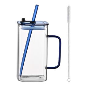 1 Pcs Blue Glass Straw Cup, 4 Colors Square Glass Cup With Straw And Lid, High Borosilicate Glass Cup, Milk Cup, Juice Cup, Cold Drink Cup, Coffe (Option: blue)