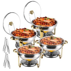 4Pcs Chafing Dish Buffet Set 4.76QT Round Buffet Servers Food Warmer Stainless Steel Catering Chafer With Glass Lid For Warming Cooling Gathering (Option: Silver)