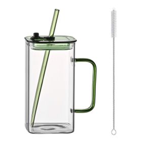 1 Pcs Green Glass Straw Cup, 4 Colors Square Glass Cup With Straw And Lid, High Borosilicate Glass Cup, Milk Cup, Juice Cup, Cold Drink Cup, Coff (Option: green)