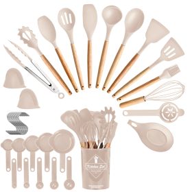 4 Colors Options -- Set Of 35Pcs Kitchen Cooking Utensils Set Spatula Set Baking Utensil Set Kitchen Accessories Necessities With Holder Egg Whis (Option: Khaki)