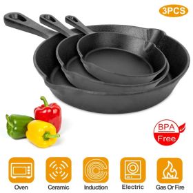 3Pcs Pre-Seasoned Cast Iron Skillet Set 6-8-10in Non-Stick Oven Safe Cookware Heat-Resistant Frying Pan (Option: Black)