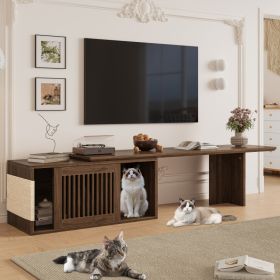 Mid-Century Modern 2 In 1 Cat Furniture 78 Extendable Walnut TV Stand Up ,  Entertainment Center Litter Box Enclosure With Cat Scratcher (Option: Walnut)